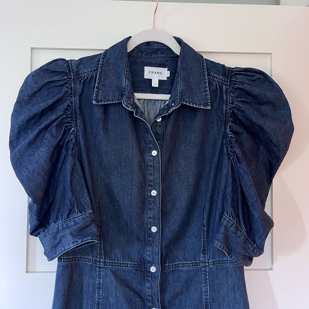 Frame Denim Dark Blue Puff-Sleeve Mini Shirt Dress - Picture 6 of 12